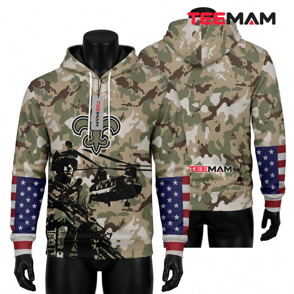 New Orleans Saints 3D Hoodie Camo Military Salute Front
