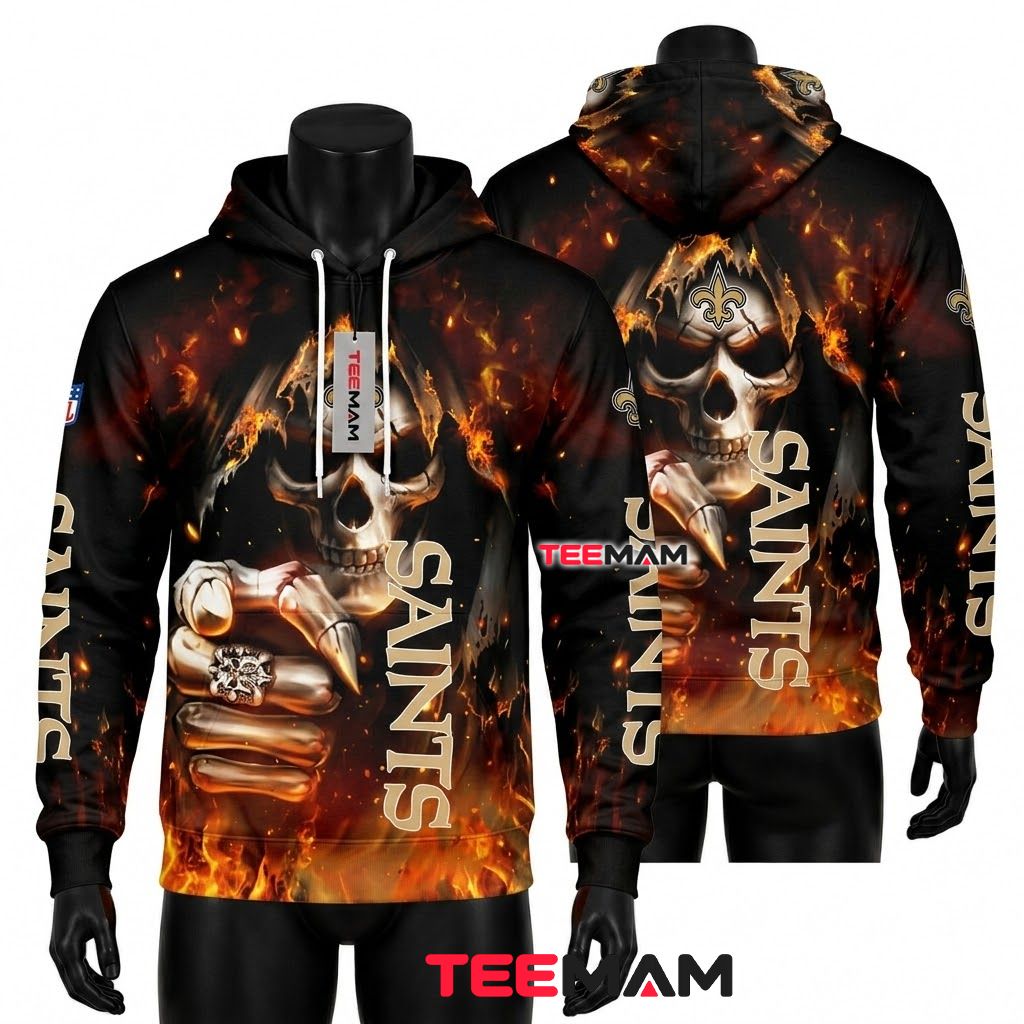 New Orleans Saints 3D Hoodie Flaming Skull Fist Front