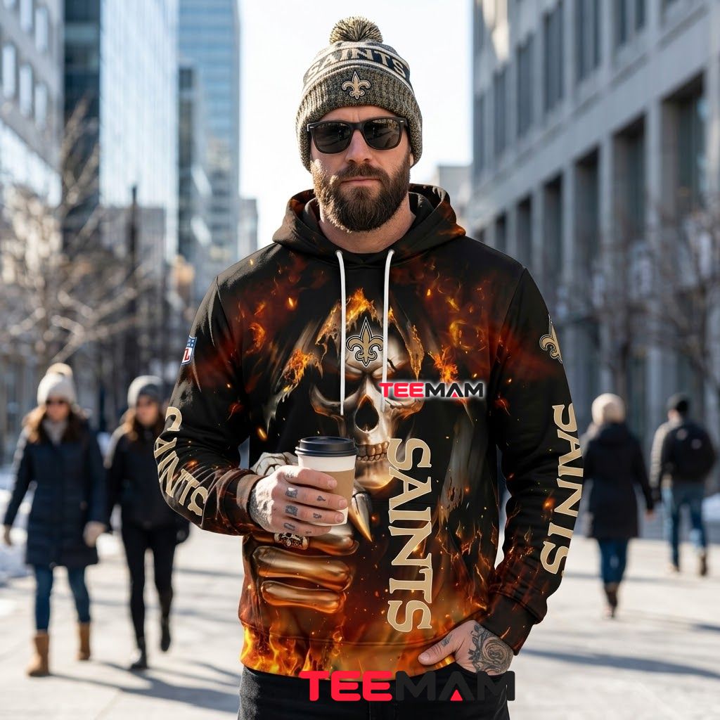 New Orleans Saints 3D Hoodie Flaming Skull Fist Back New Orleans Saints 3D Hoodie Flaming Skull Fist Back