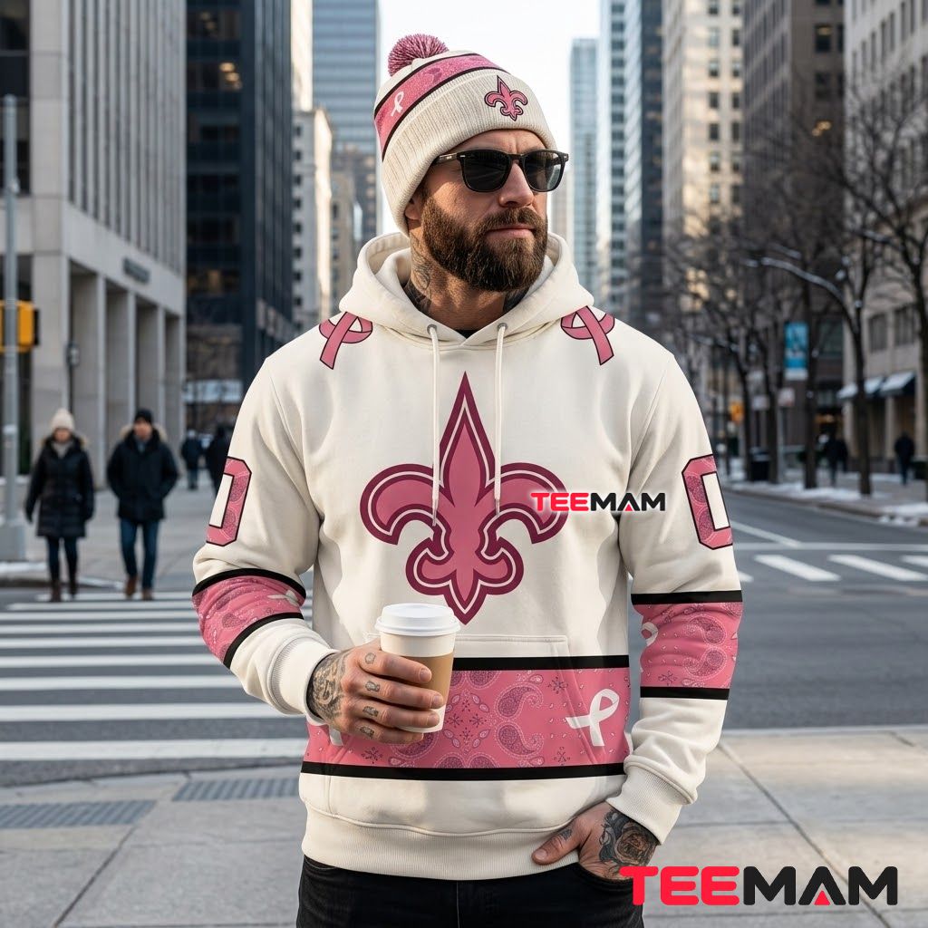 New Orleans Saints 3D Hoodie Paisley Ribbon Cancer Back New Orleans Saints 3D Hoodie Paisley Ribbon Cancer Back