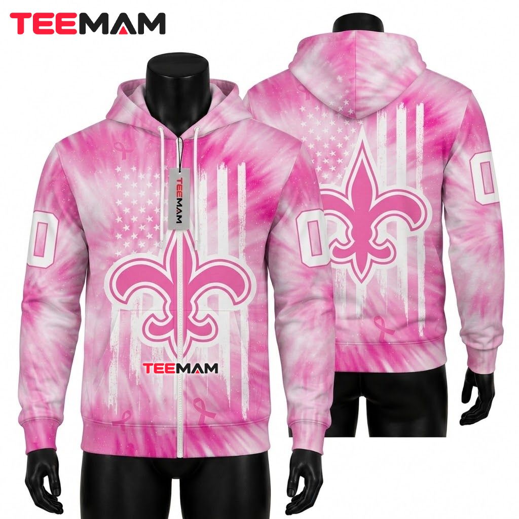 New Orleans Saints 3D Hoodie Pink Breast Cancer Awareness Front
