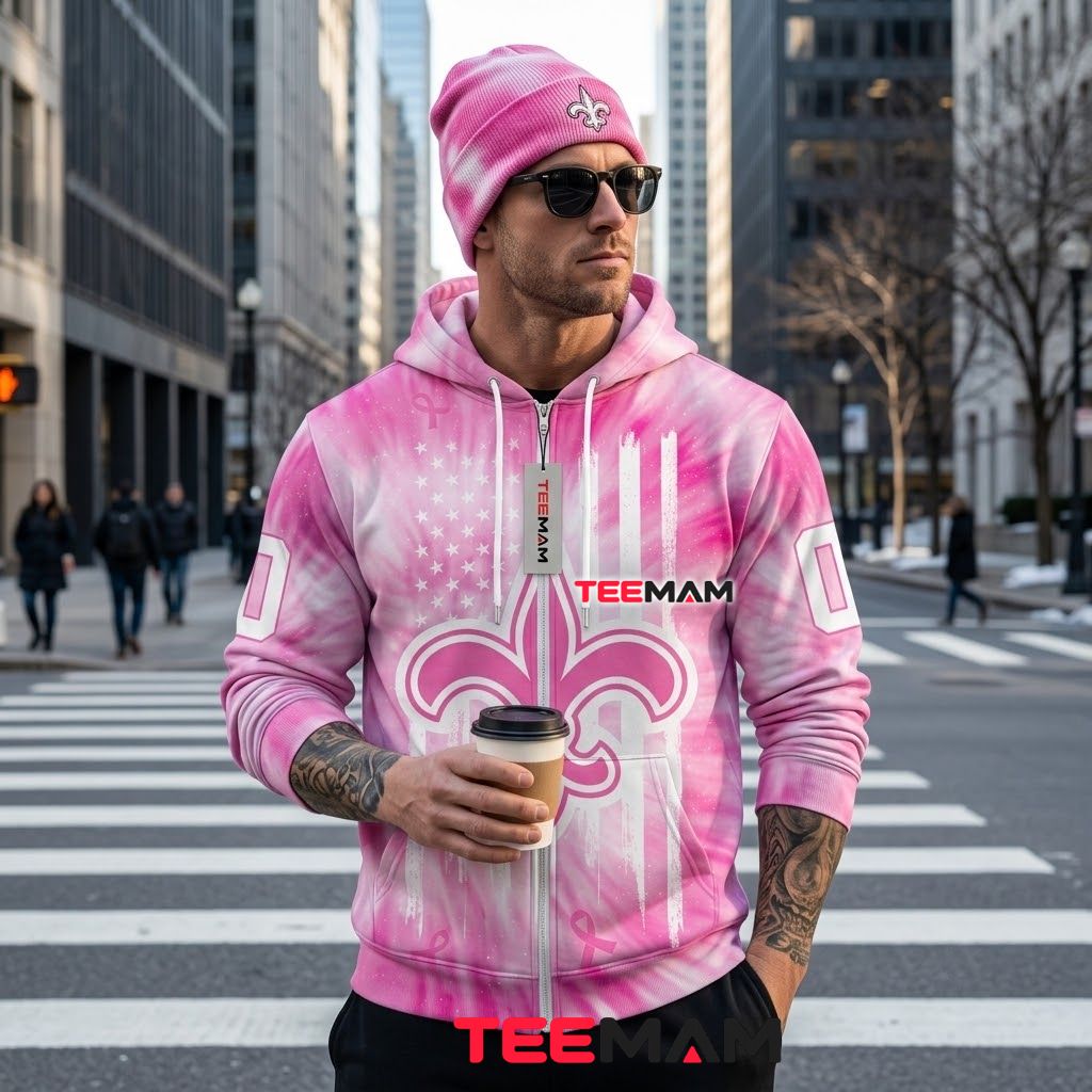 New Orleans Saints 3D Hoodie Pink Breast Cancer Awareness Back New Orleans Saints 3D Hoodie Pink Breast Cancer Awareness Back