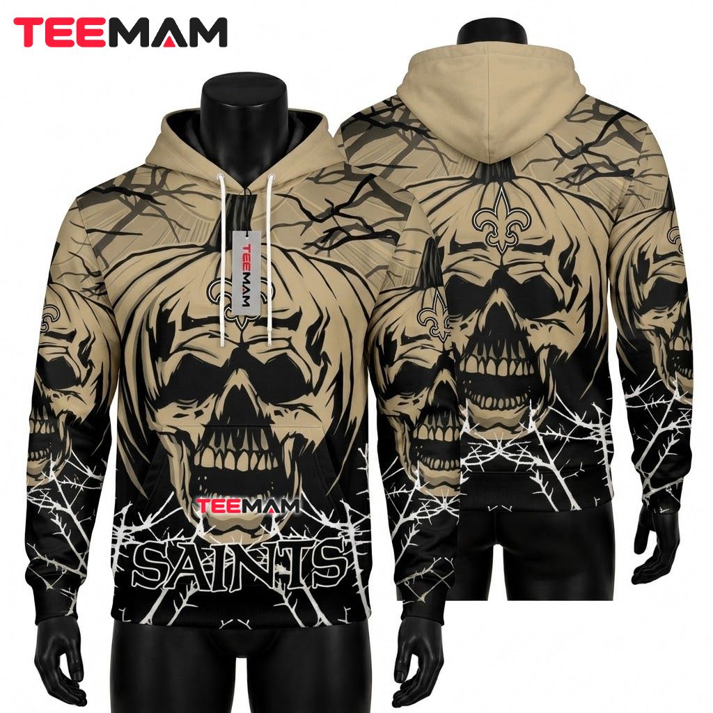 New Orleans Saints 3D Hoodie Pumpkin Skull Halloween Front