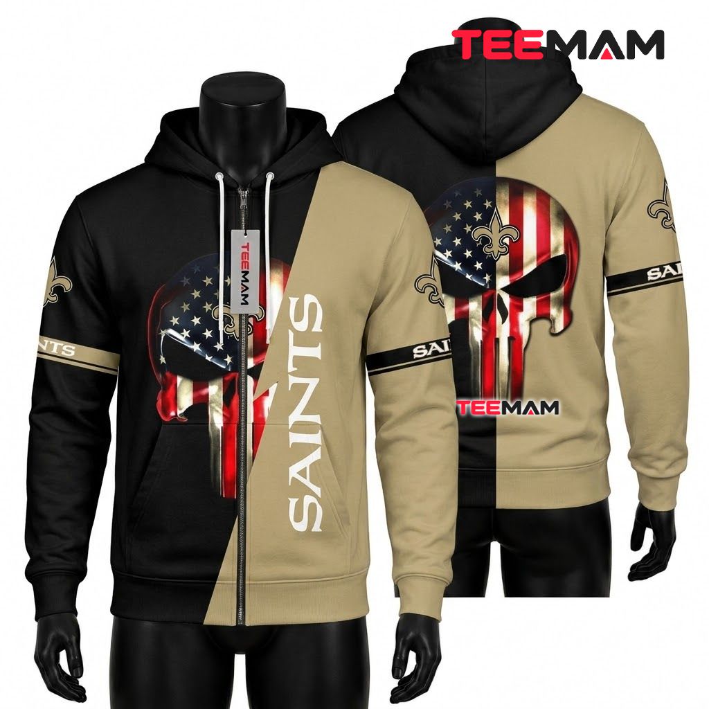 New Orleans Saints 3D Hoodie Punisher Skull Split Front