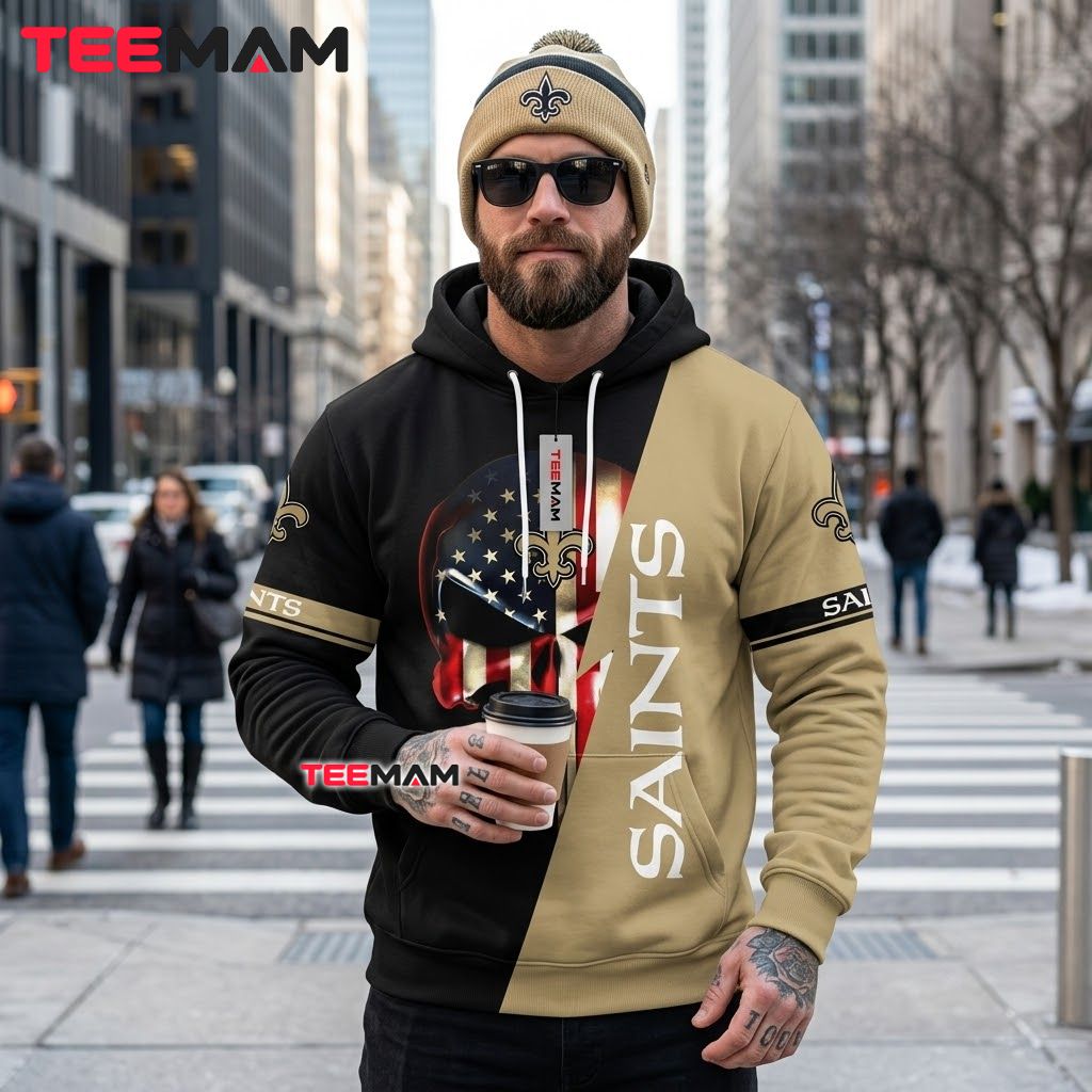 New Orleans Saints 3D Hoodie Punisher Skull Split Back New Orleans Saints 3D Hoodie Punisher Skull Split Back