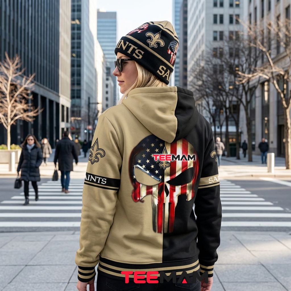 New Orleans Saints 3D Hoodie Punisher Skull Split Version 3 New Orleans Saints 3D Hoodie Punisher Skull Split Version 3