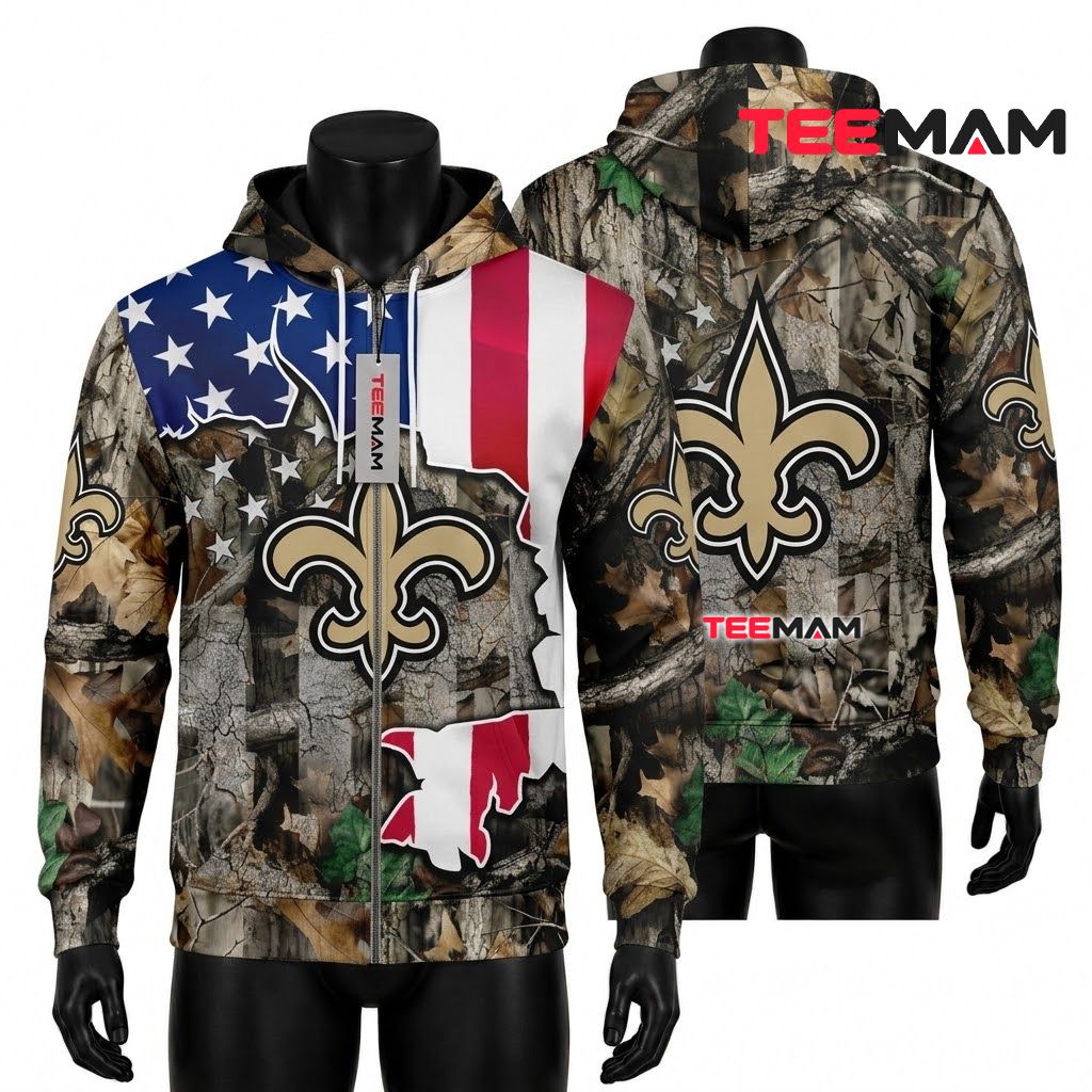 New Orleans Saints 3D Hoodie Realtree Flag Zip Front
