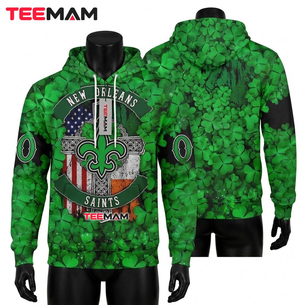 New Orleans Saints 3D Hoodie Shamrock Cross Patrick Front