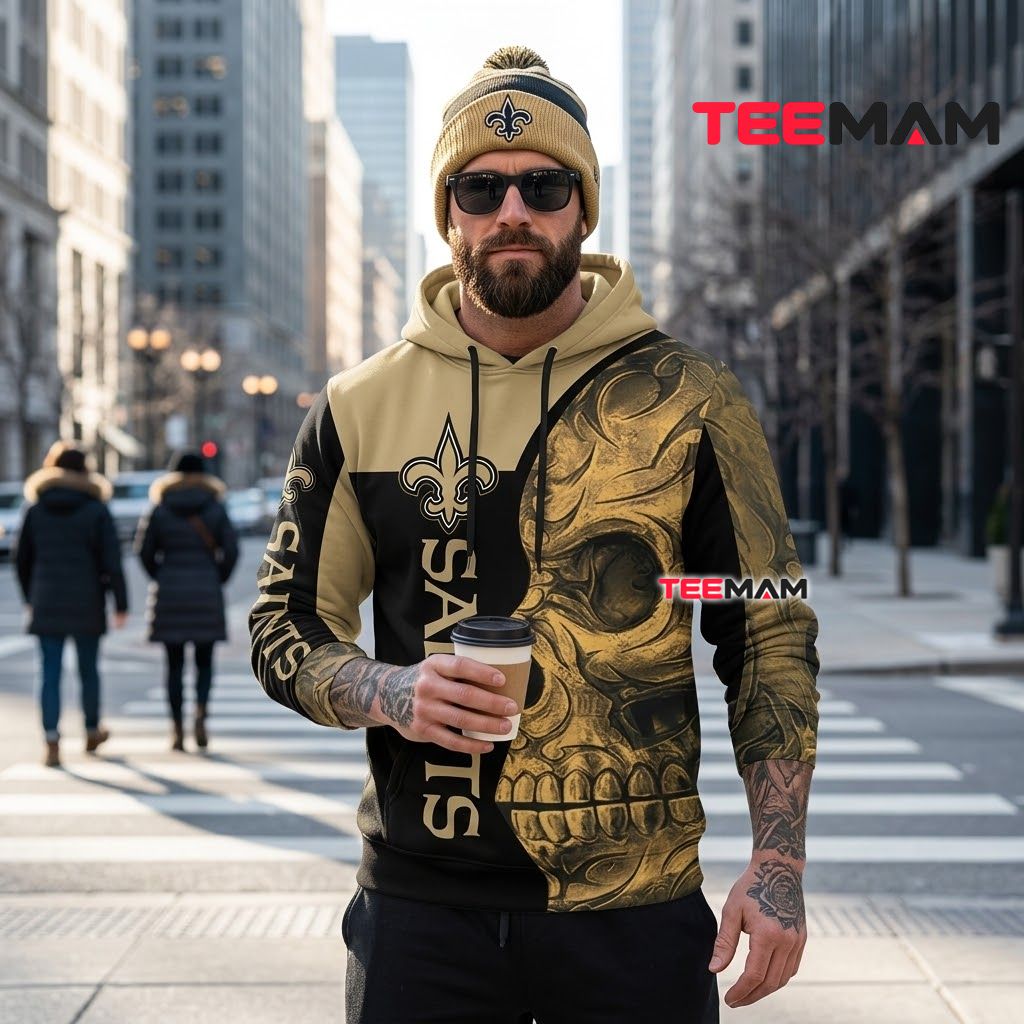 New Orleans Saints 3D Hoodie Split Skull Gold Back New Orleans Saints 3D Hoodie Split Skull Gold Back
