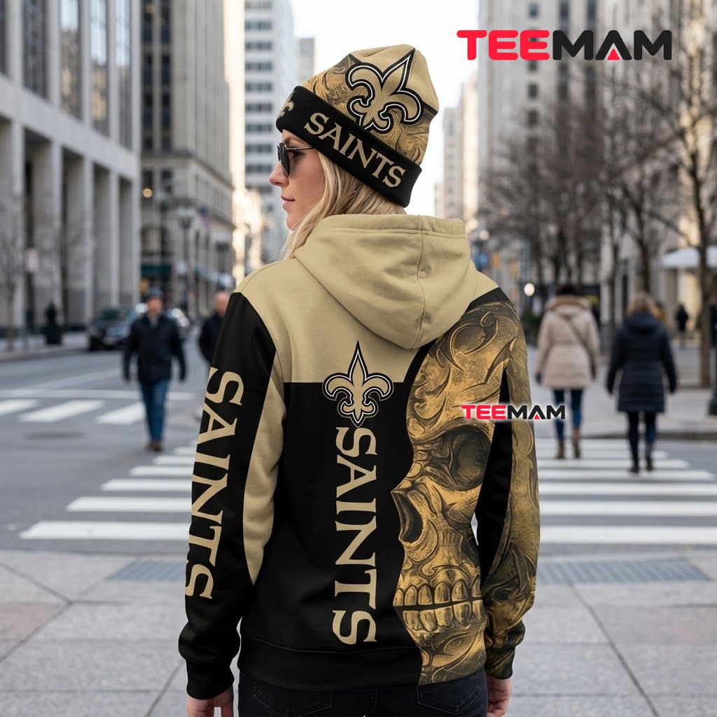 New Orleans Saints 3D Hoodie Split Skull Gold Version 3 New Orleans Saints 3D Hoodie Split Skull Gold Version 3