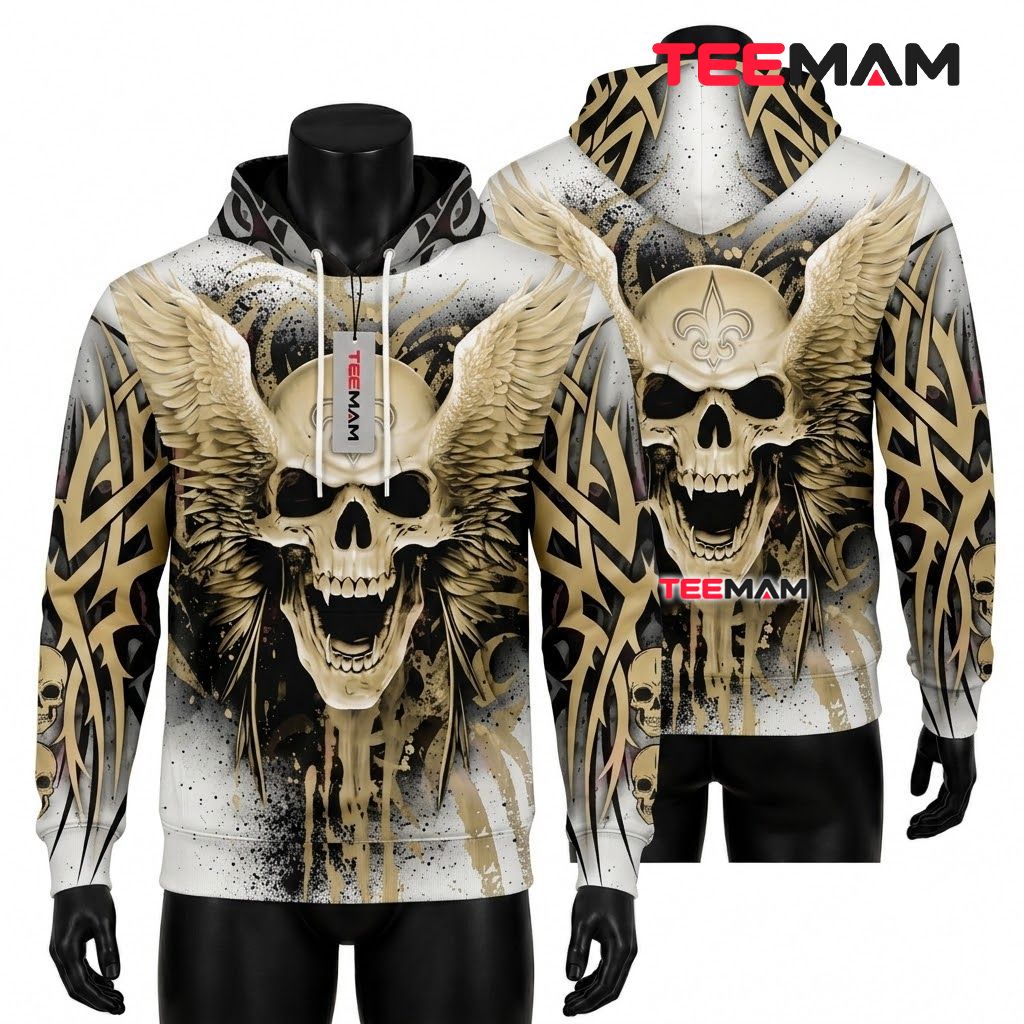 New Orleans Saints 3D Hoodie Winged Skull Tribal Front