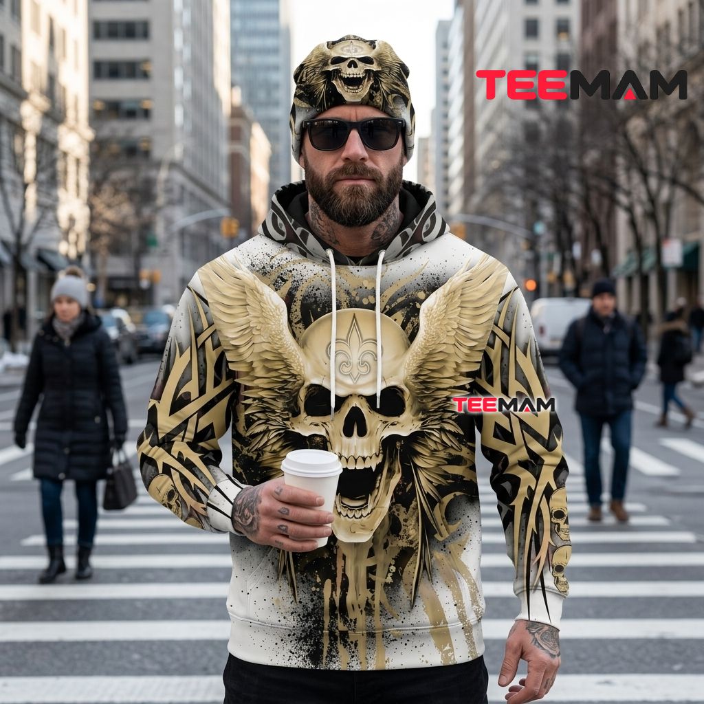 New Orleans Saints 3D Hoodie Winged Skull Tribal Back New Orleans Saints 3D Hoodie Winged Skull Tribal Back