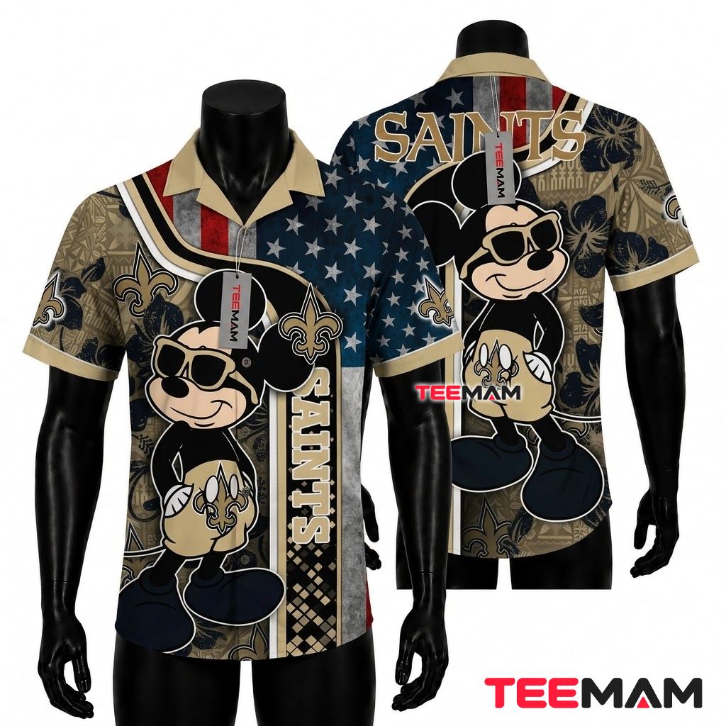 New Orleans Saints Aloha Shirt Mickey Mouse Custom Name Front