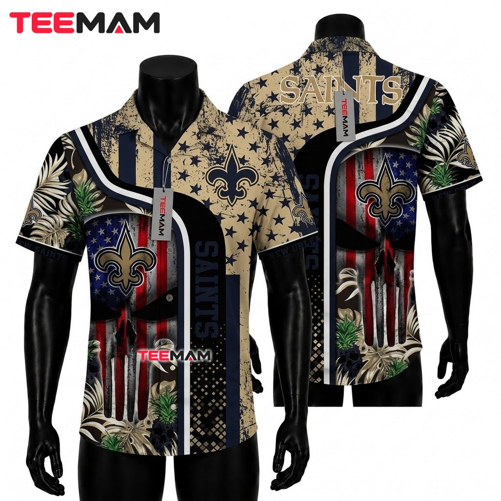 New Orleans Saints Aloha Shirt Skull American Flag Front