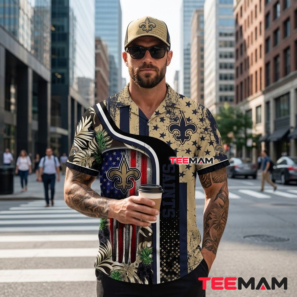 New Orleans Saints Aloha Shirt Skull American Flag Back New Orleans Saints Aloha Shirt Skull American Flag Back