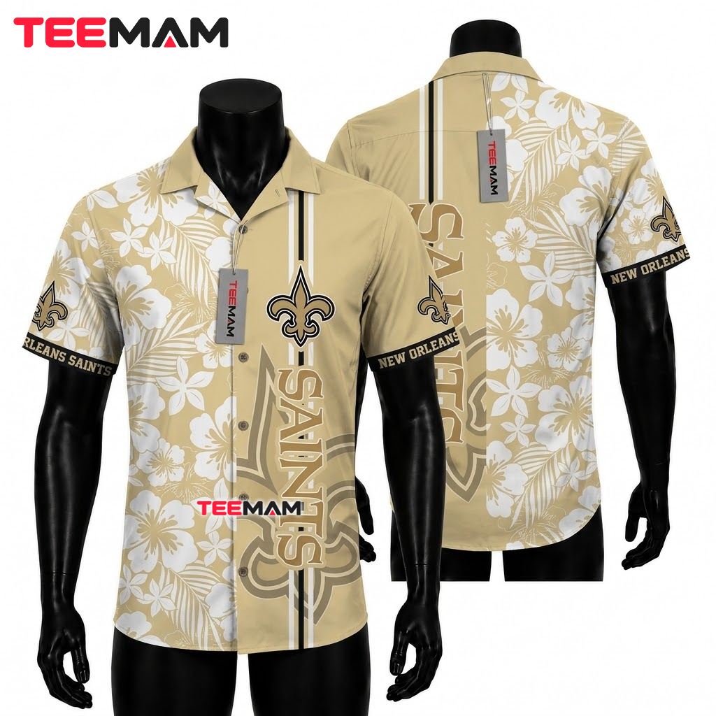 New Orleans Saints Aloha Shirt White Hibiscus Front