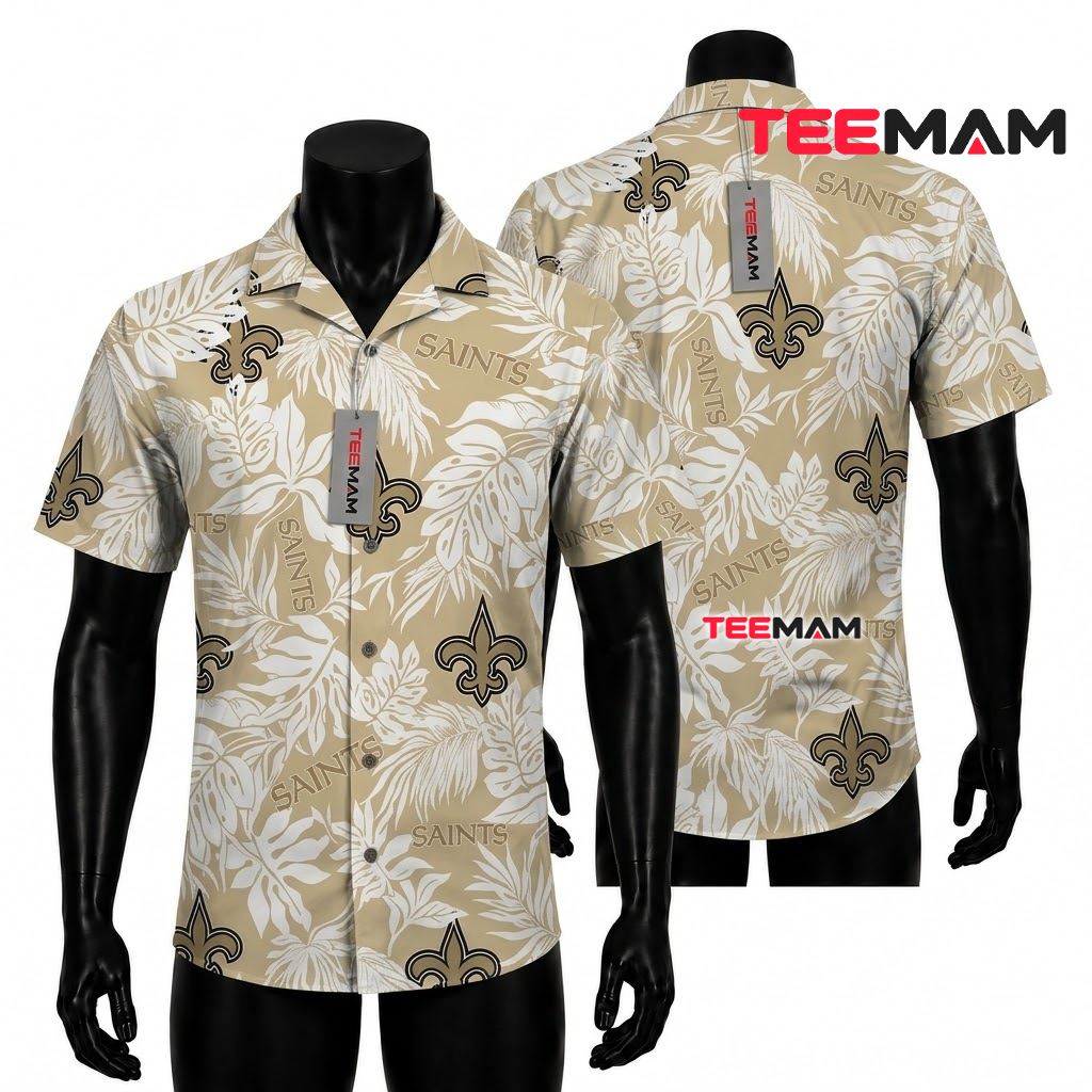 New Orleans Saints Aloha Shirt White Leaf Front