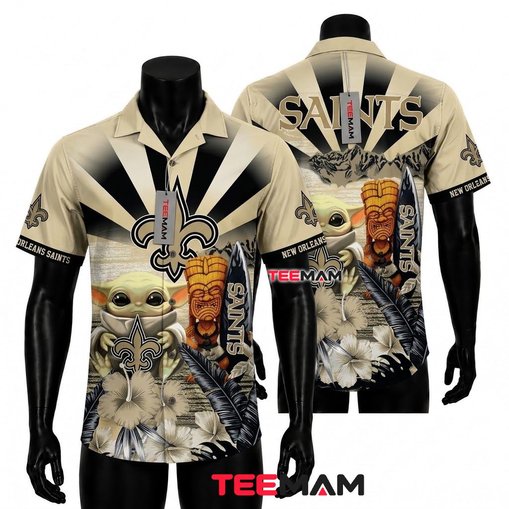 New Orleans Saints Hawaiian Shirt Baby Yoda Tiki Front