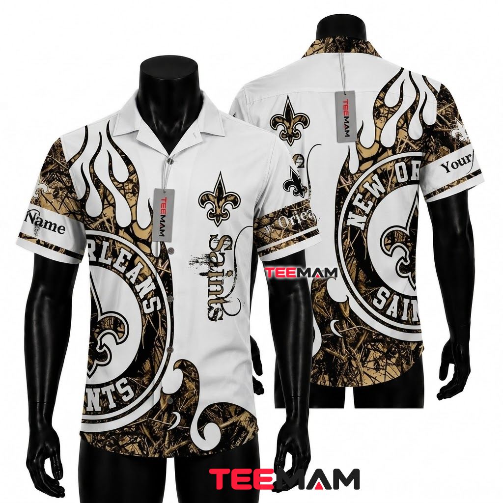 New Orleans Saints Hawaiian Shirt Camo Flame Front