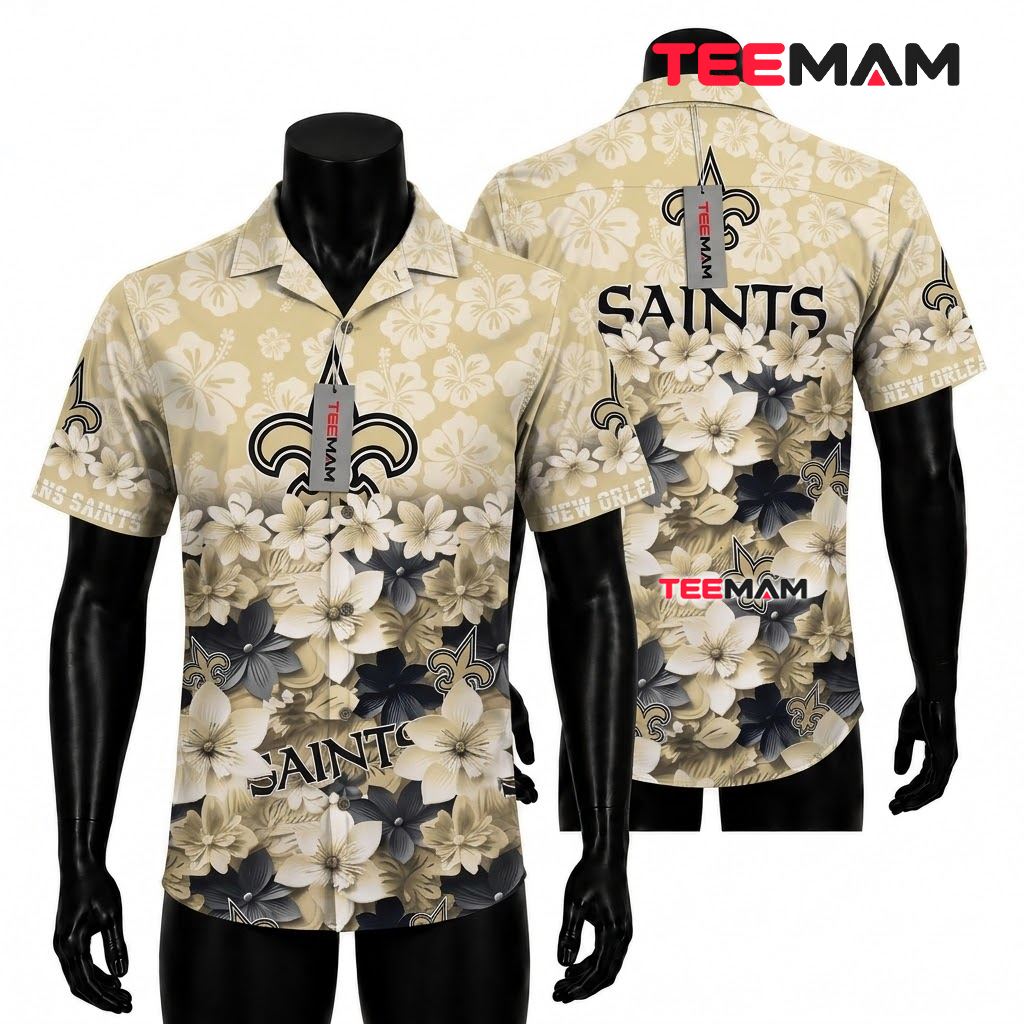 New Orleans Saints Hawaiian Shirt Gradient Hibiscus Front