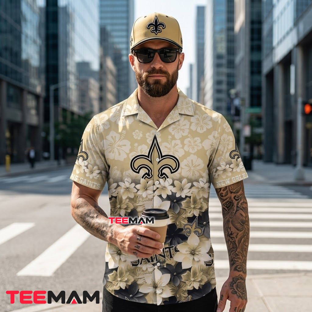 New Orleans Saints Hawaiian Shirt Gradient Hibiscus Back New Orleans Saints Hawaiian Shirt Gradient Hibiscus Back