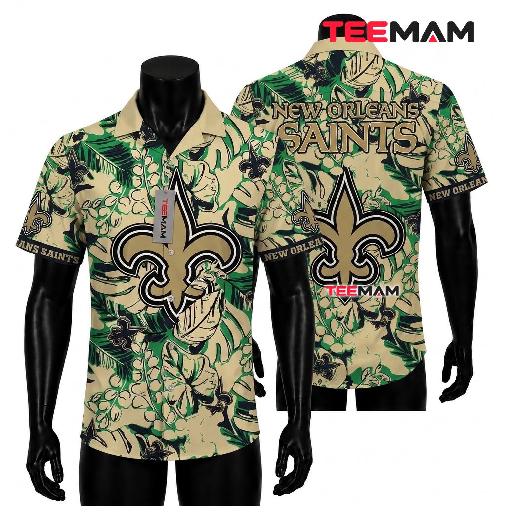 New Orleans Saints Hawaiian Shirt Green Monstera Front