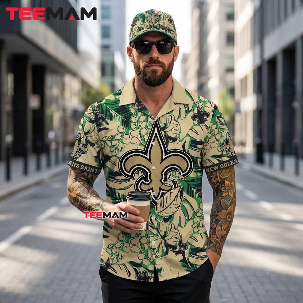 New Orleans Saints Hawaiian Shirt Green Monstera Back New Orleans Saints Hawaiian Shirt Green Monstera Back