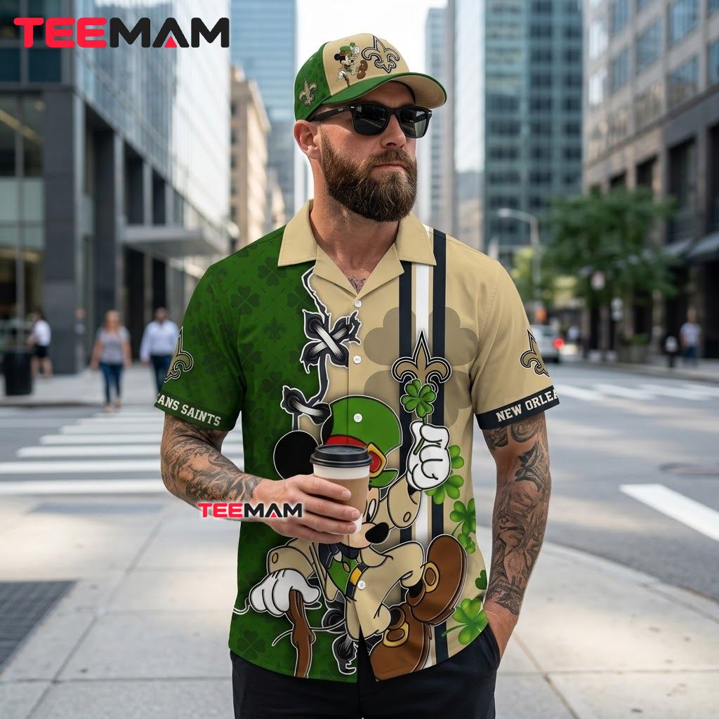 New Orleans Saints Hawaiian Shirt Mickey St Patrick Back New Orleans Saints Hawaiian Shirt Mickey St Patrick Back