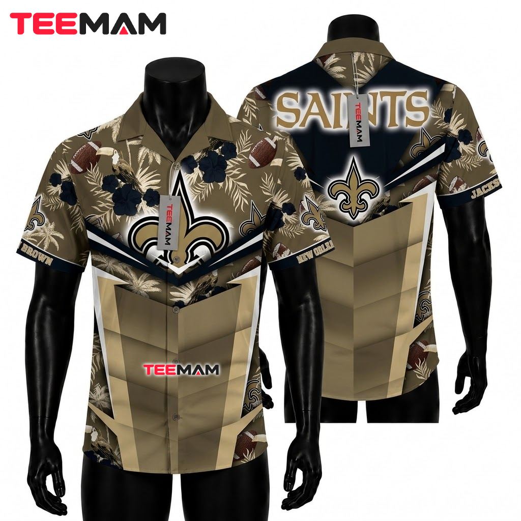 New Orleans Saints Hawaiian Shirt Personalized Dark Hibiscus Front
