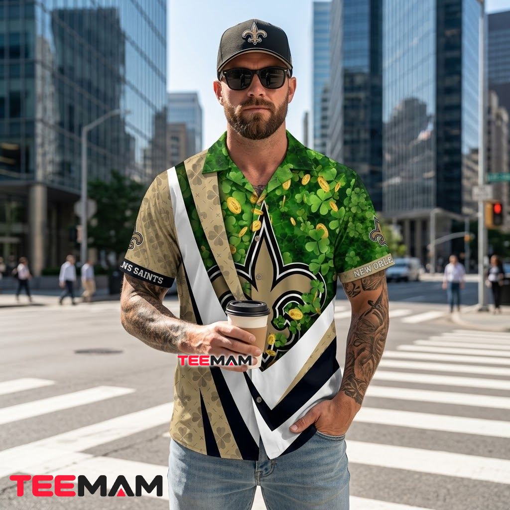 New Orleans Saints Hawaiian Shirt Personalized Shamrock Gold Back New Orleans Saints Hawaiian Shirt Personalized Shamrock Gold Back