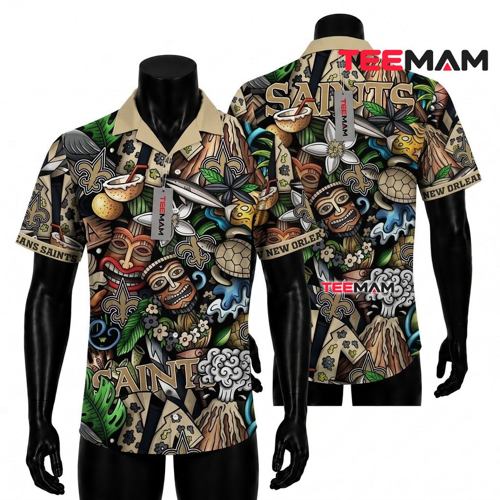 New Orleans Saints Hawaiian Shirt Tiki Volcano Front