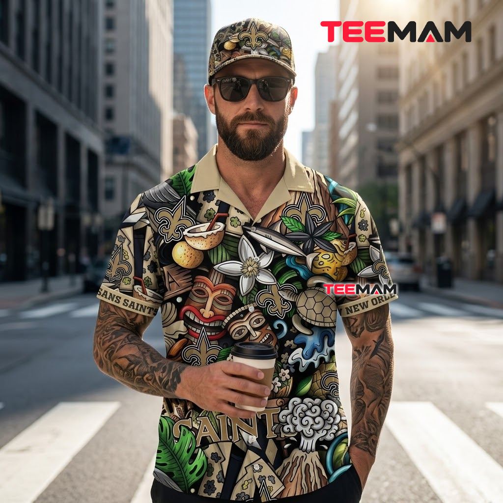 New Orleans Saints Hawaiian Shirt Tiki Volcano Back New Orleans Saints Hawaiian Shirt Tiki Volcano Back