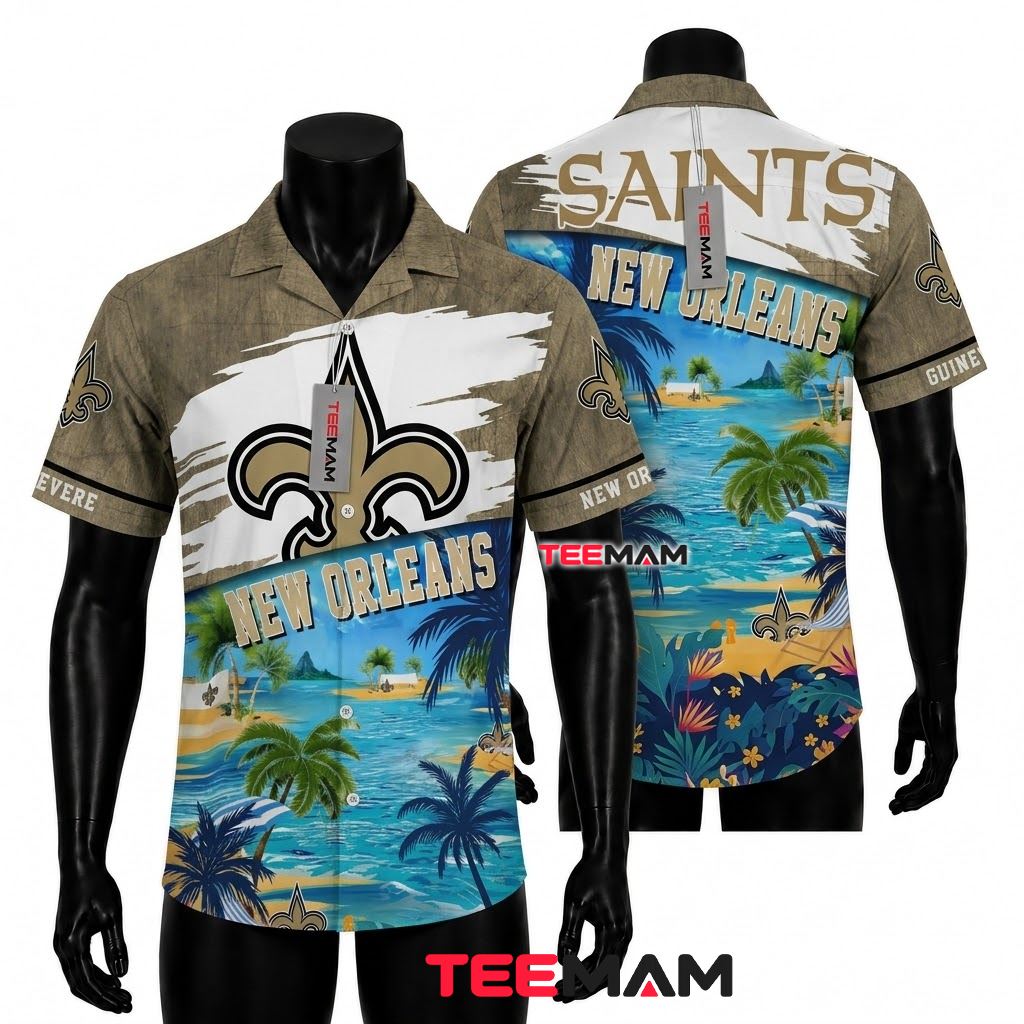 New Orleans Saints Hawaiian Shirt Tropical Island Beach Front