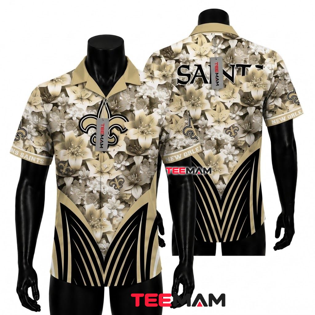 New Orleans Saints Tropical Shirt Cream Floral Front