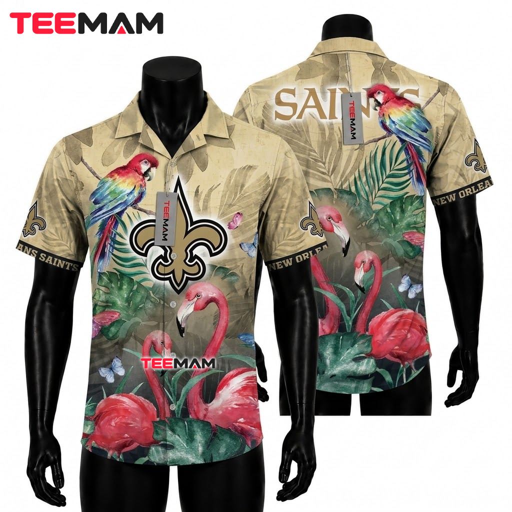 New Orleans Saints Tropical Shirt Flamingo Parrot Front