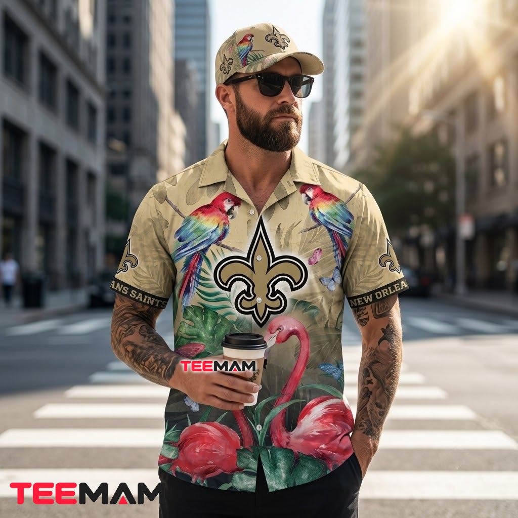 New Orleans Saints Tropical Shirt Flamingo Parrot Back New Orleans Saints Tropical Shirt Flamingo Parrot Back