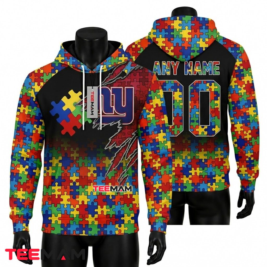 New York Giants 3D Hoodie Autism Awareness Puzzle Claw Front