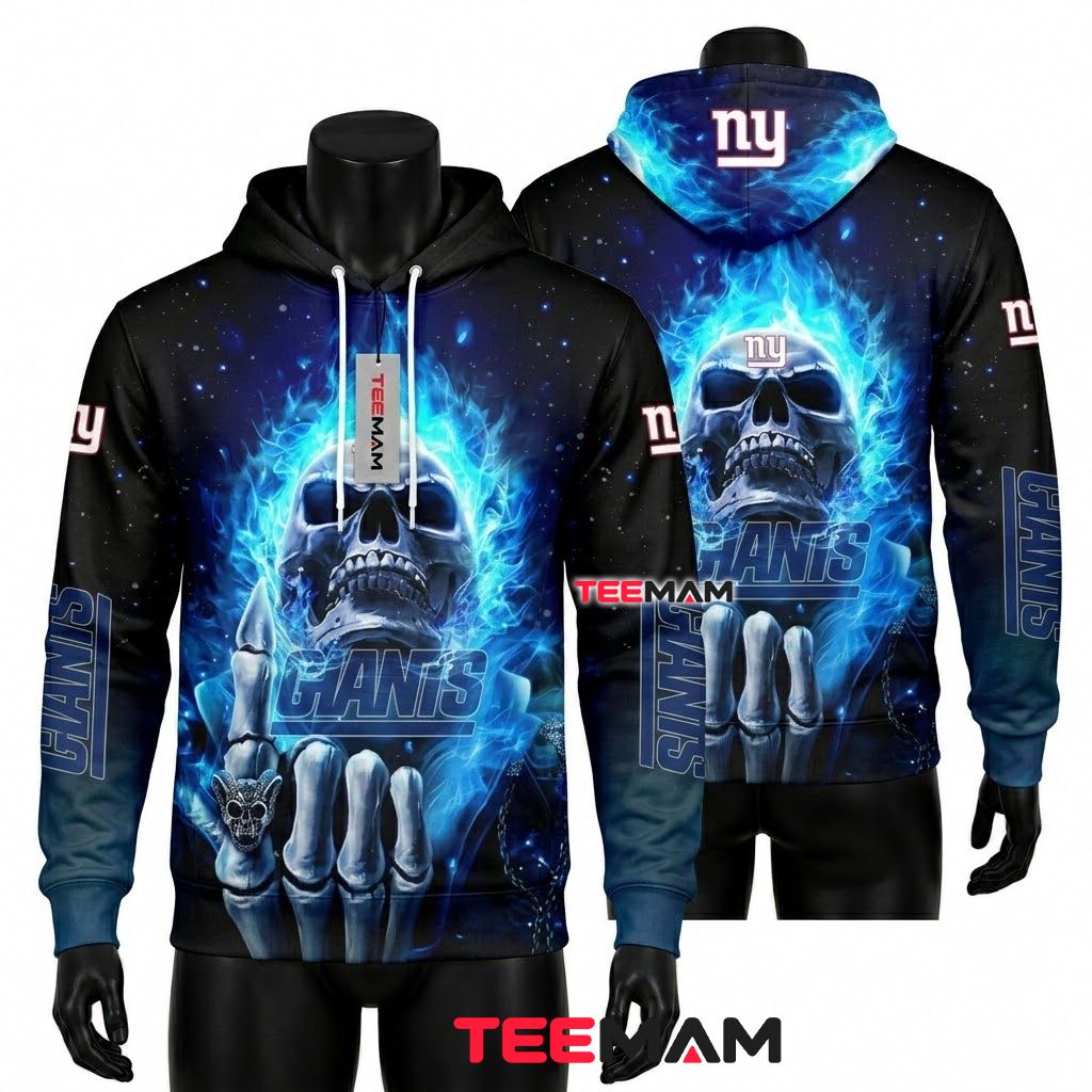 New York Giants 3D Hoodie Blue Flame Skull Rock Front