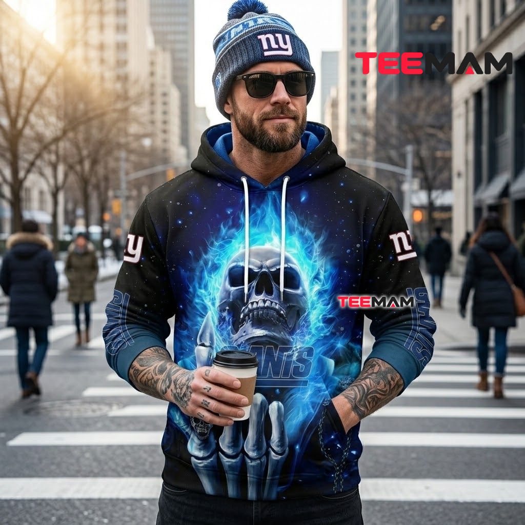 New York Giants 3D Hoodie Blue Flame Skull Rock Back New York Giants 3D Hoodie Blue Flame Skull Rock Back