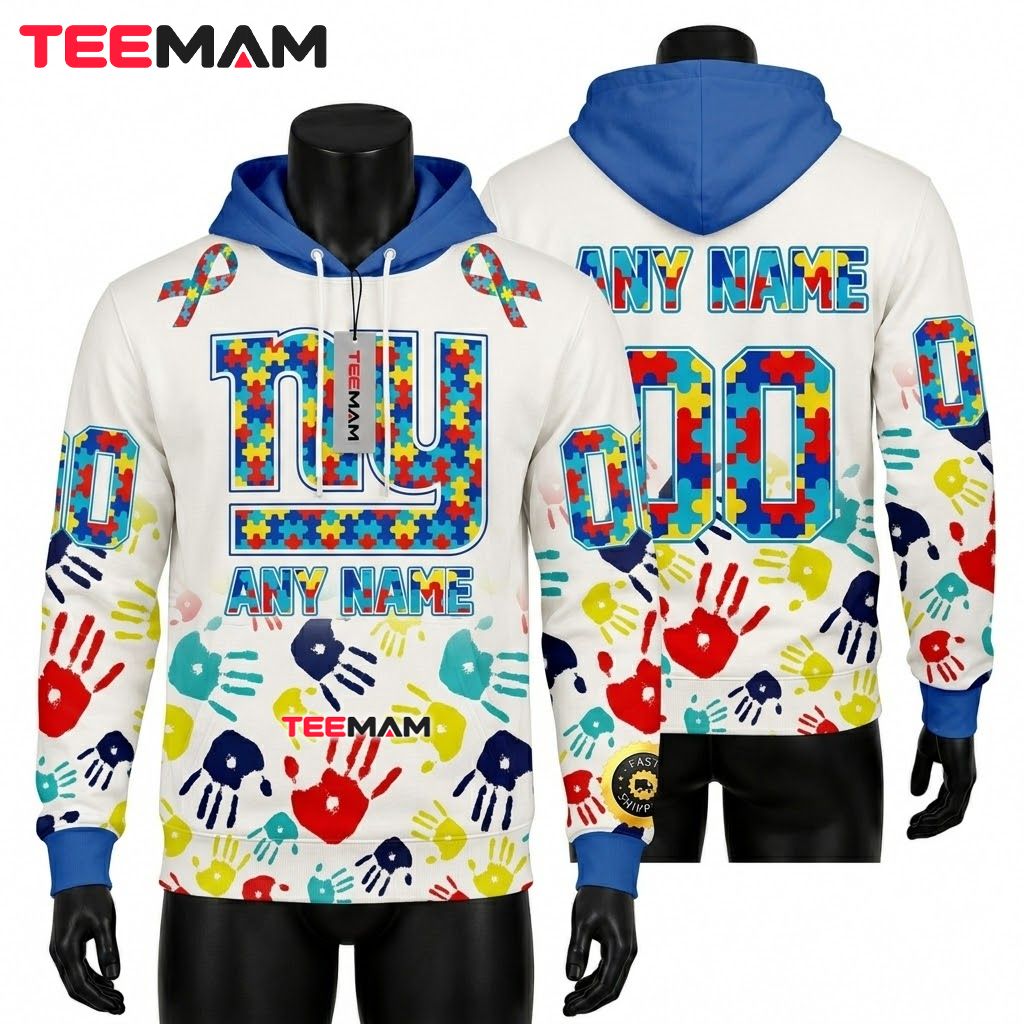 New York Giants 3D Hoodie Colorful Handprint Puzzle Ribbon Front