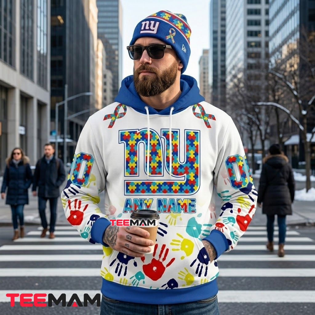 New York Giants 3D Hoodie Colorful Handprint Puzzle Ribbon Back New York Giants 3D Hoodie Colorful Handprint Puzzle Ribbon Back