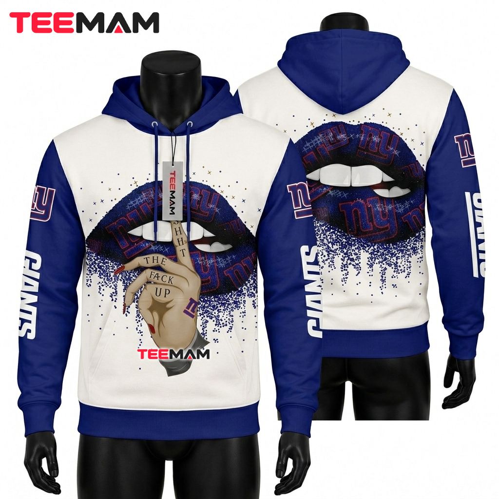 New York Giants 3D Hoodie Lips Glitter Hand Silence Front