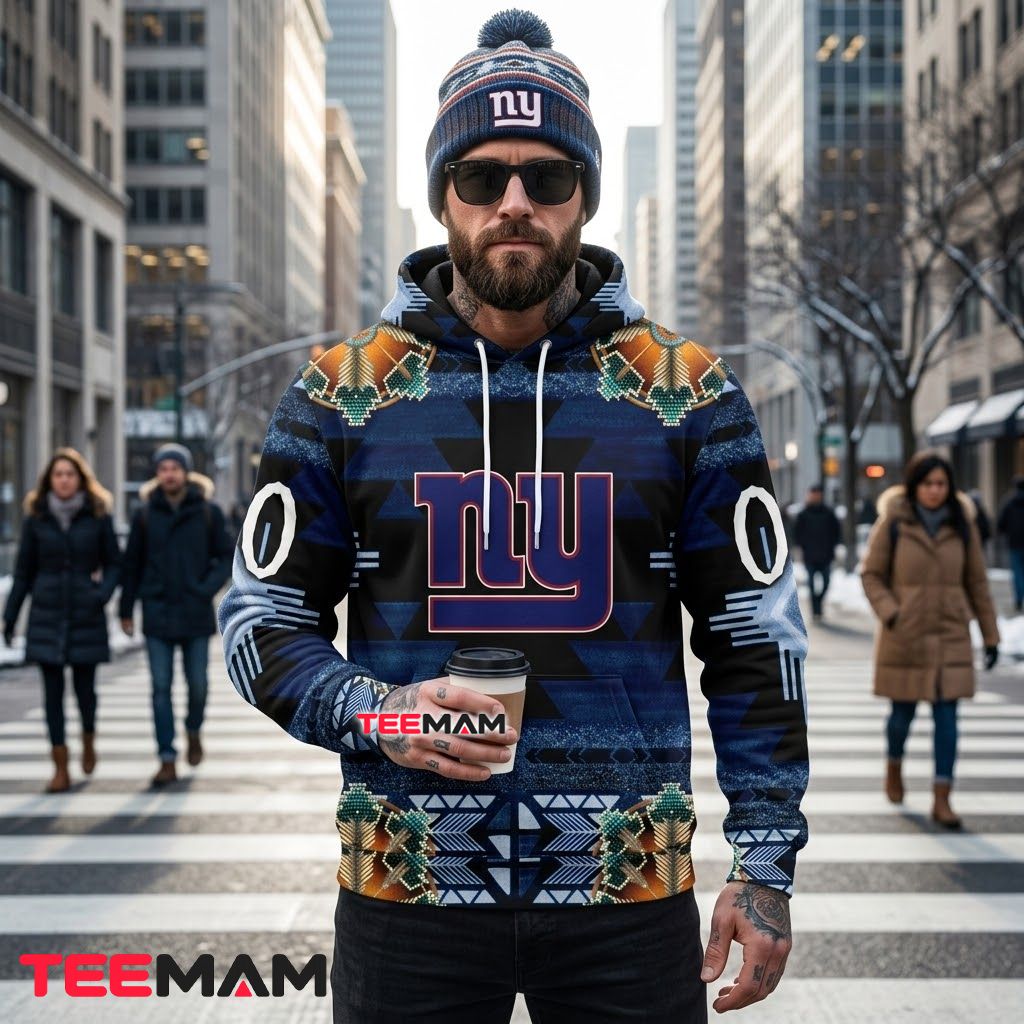 New York Giants 3D Hoodie Native American Aztec Pattern Back New York Giants 3D Hoodie Native American Aztec Pattern Back