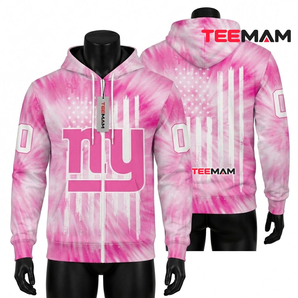 New York Giants 3D Hoodie Pink Breast Cancer Awareness Zip Front
