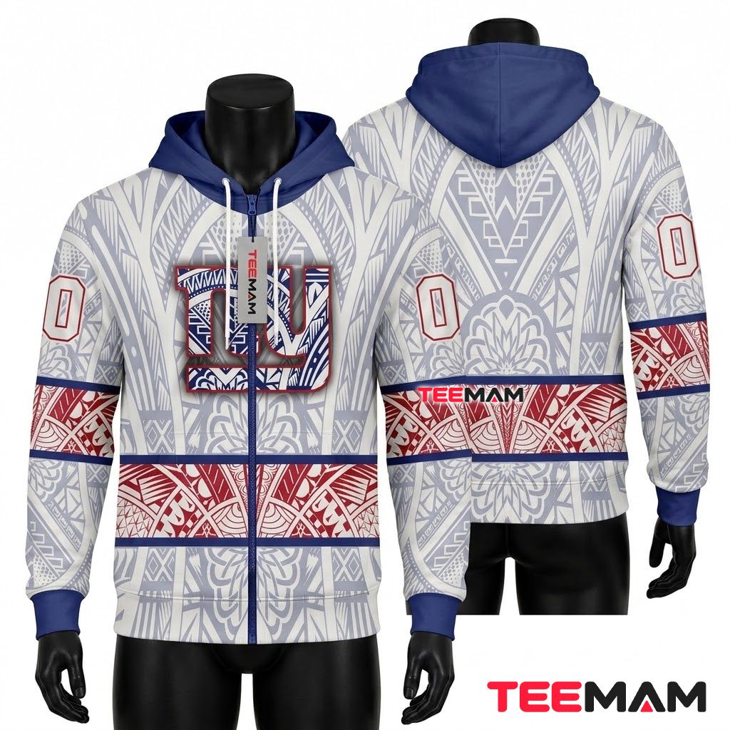 New York Giants 3D Hoodie Polynesian Tribal Pattern Zip Front
