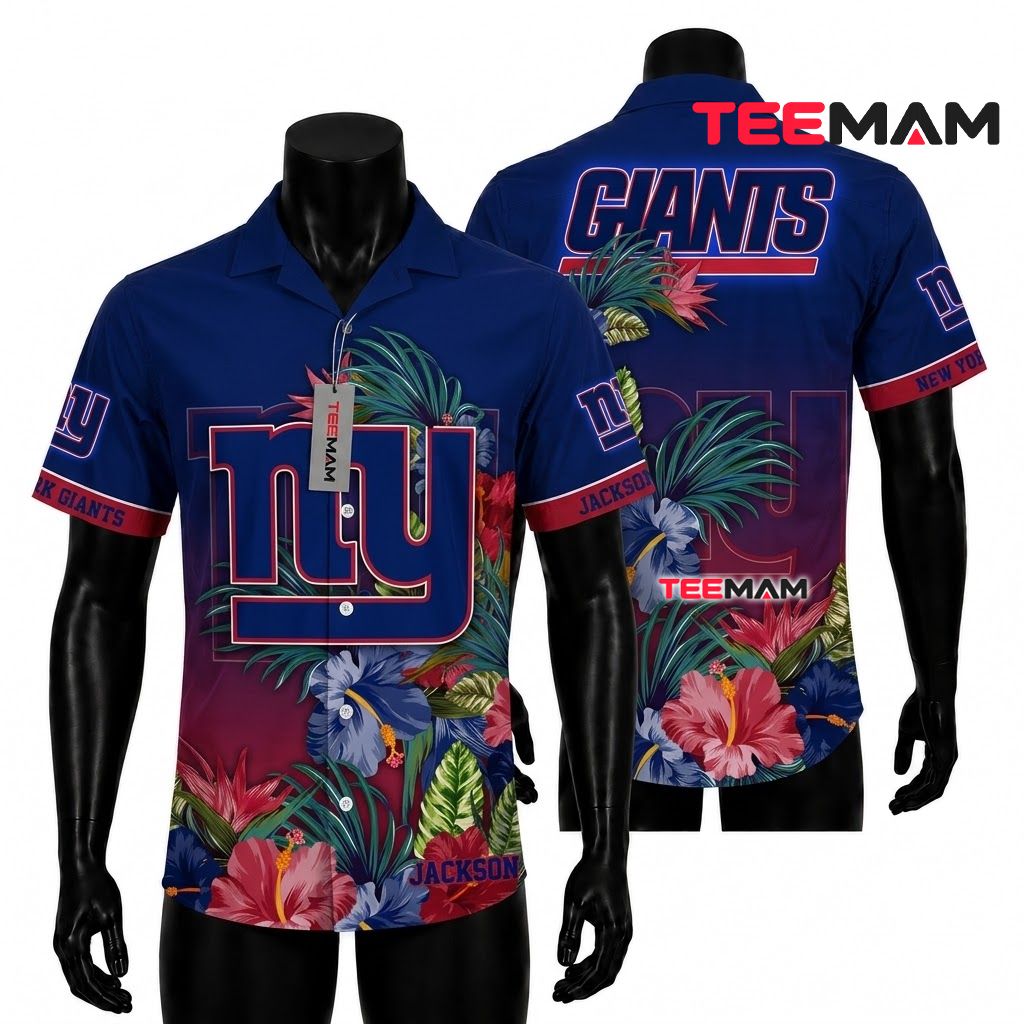 New York Giants Hawaiian Shirt Custom Name Hibiscus Front