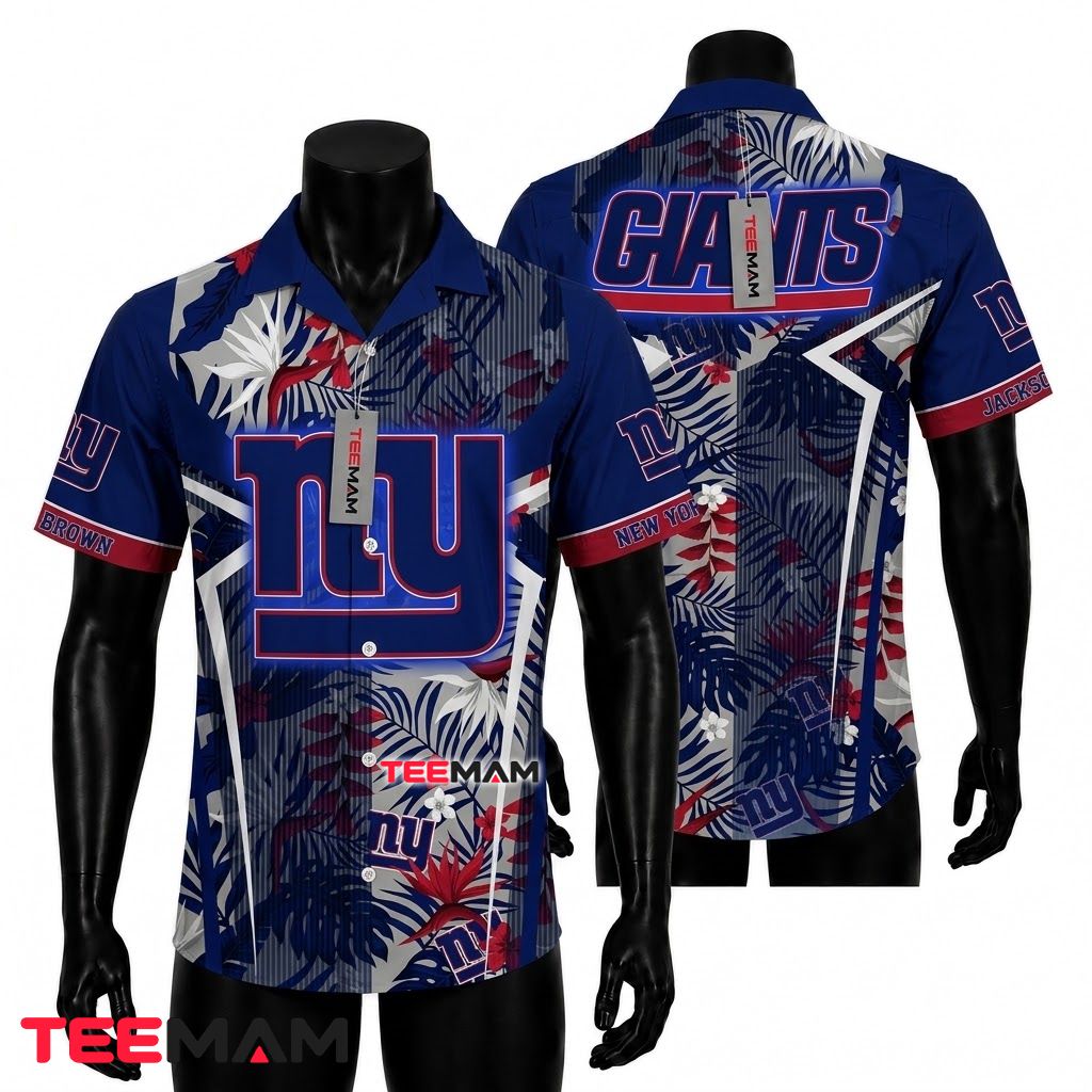 New York Giants Hawaiian Shirt Custom Name Palm Leaf Front