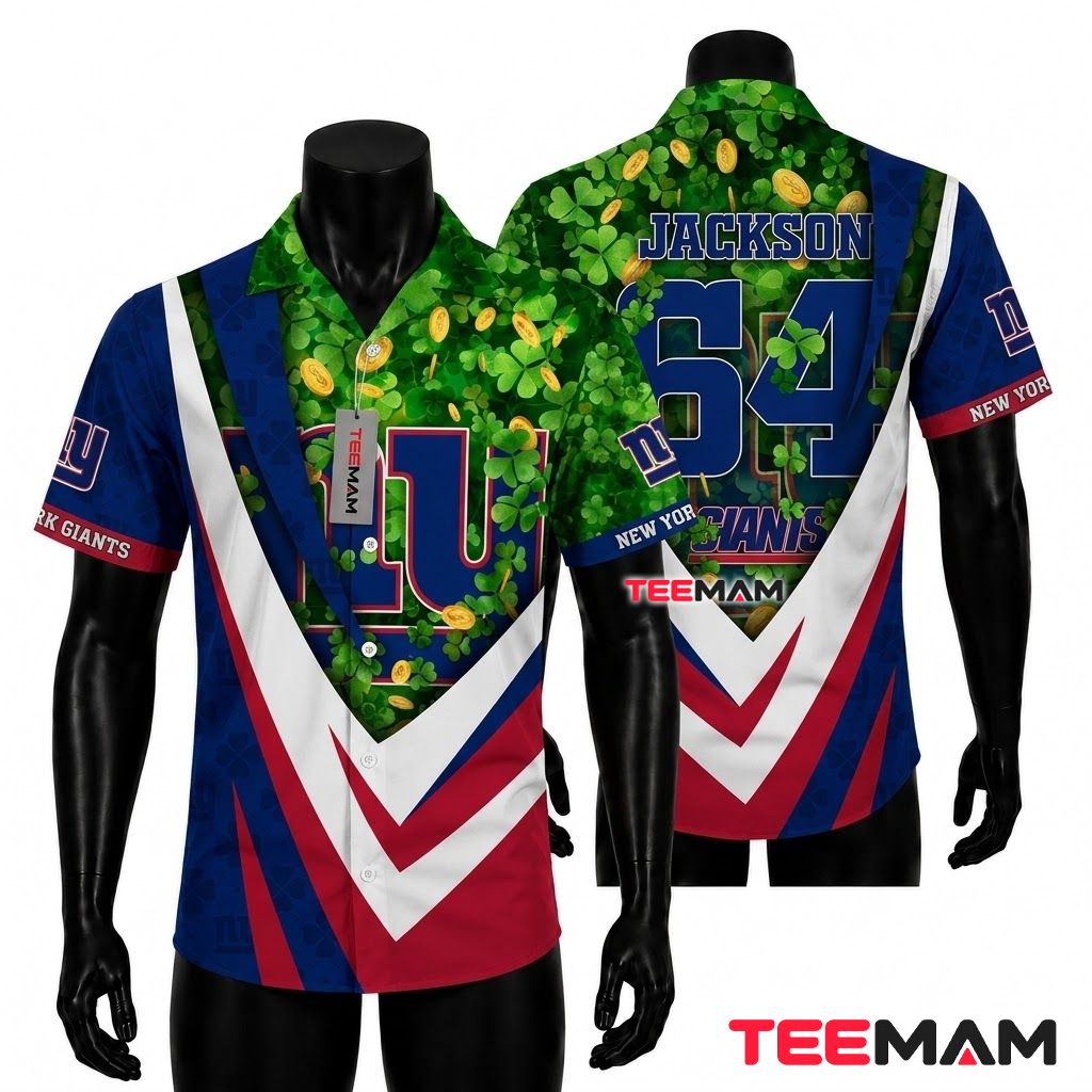 New York Giants Hawaiian Shirt Custom Name St Patrick Shamrock Front