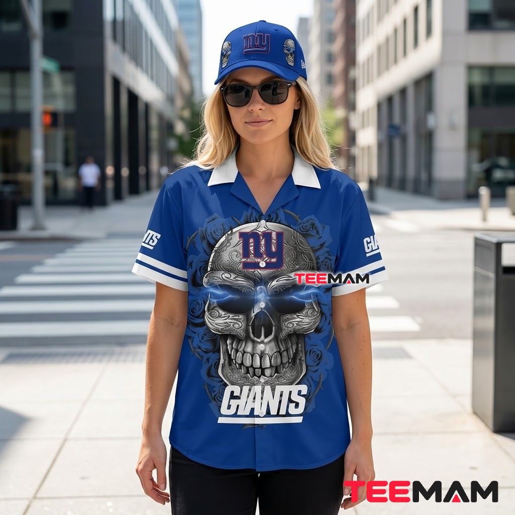 New York Giants Hawaiian Shirt Sugar Skull Back New York Giants Hawaiian Shirt Sugar Skull Back