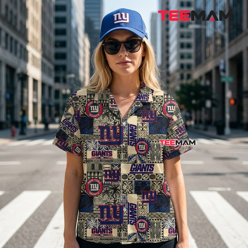 New York Giants Hawaiian Shirt Tribal Patchwork Back New York Giants Hawaiian Shirt Tribal Patchwork Back